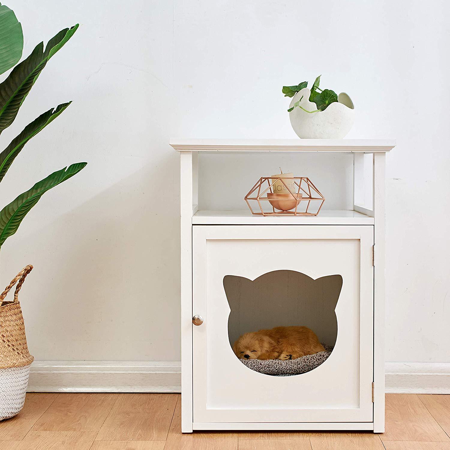 Bastet Wooden Cat Cave Bedside Cabinet Litter Box Cat House Nightstand White