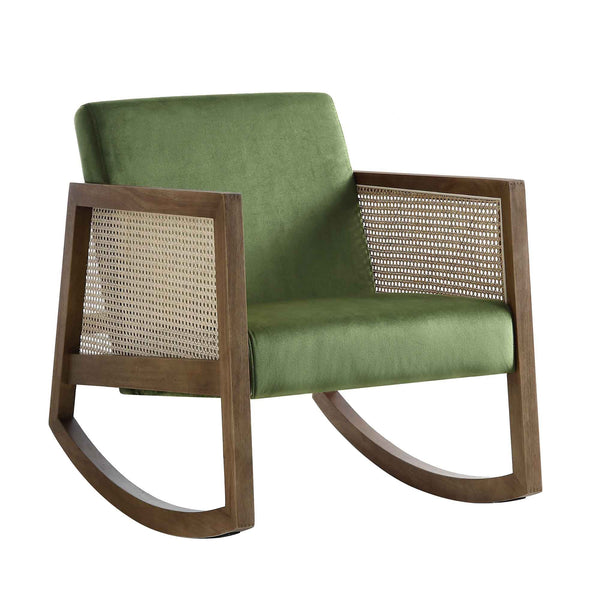 Fyne Moss Green Velvet Rocking Armchair with Rattan Armrests
