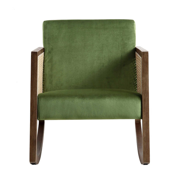 Fyne Moss Green Velvet Rocking Armchair with Rattan Armrests
