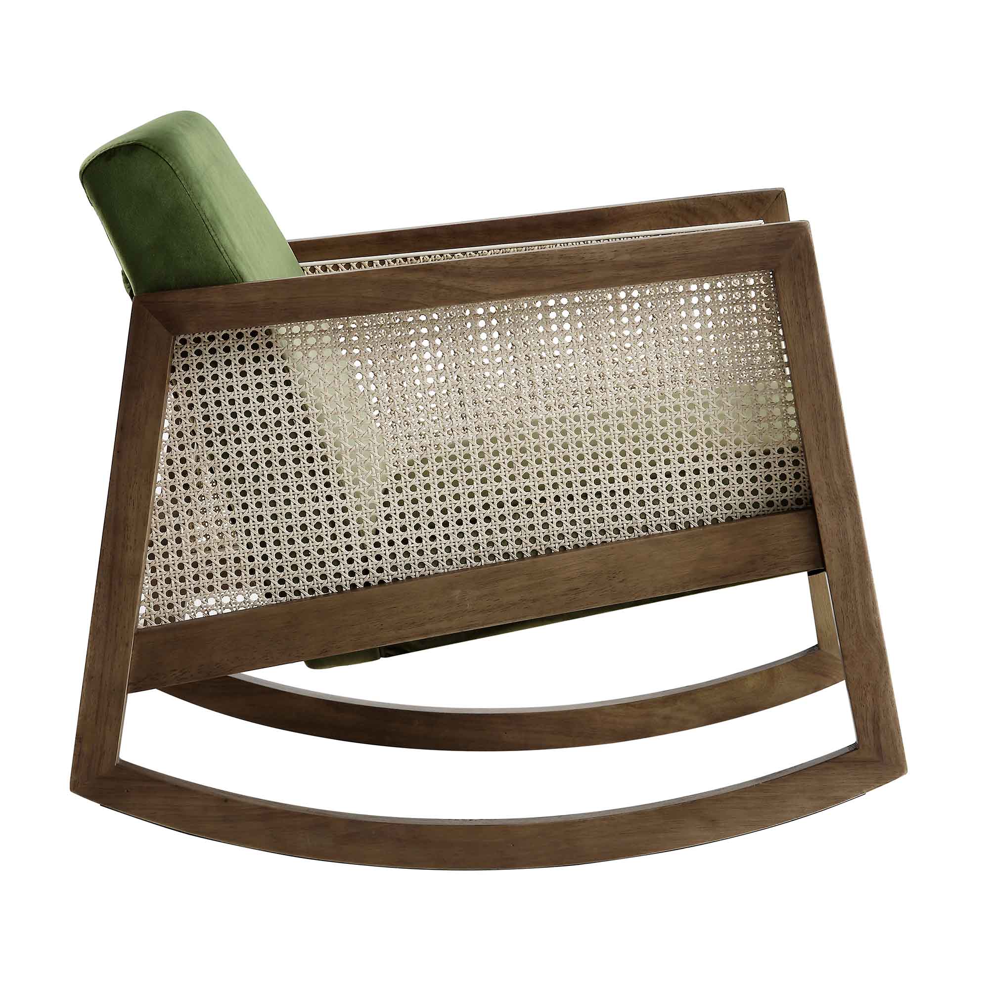 Fyne Moss Green Velvet Rocking Armchair with Rattan Armrests