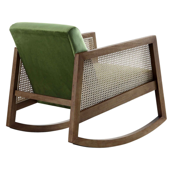 Fyne Moss Green Velvet Rocking Armchair with Rattan Armrests