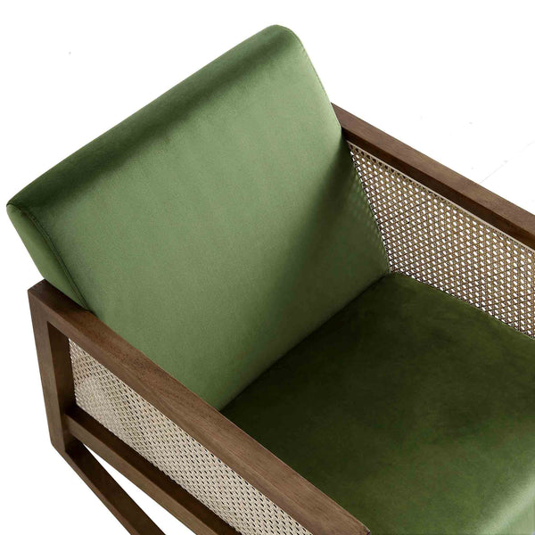 Fyne Moss Green Velvet Rocking Armchair with Rattan Armrests