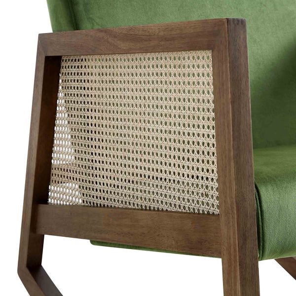 Fyne Moss Green Velvet Rocking Armchair with Rattan Armrests