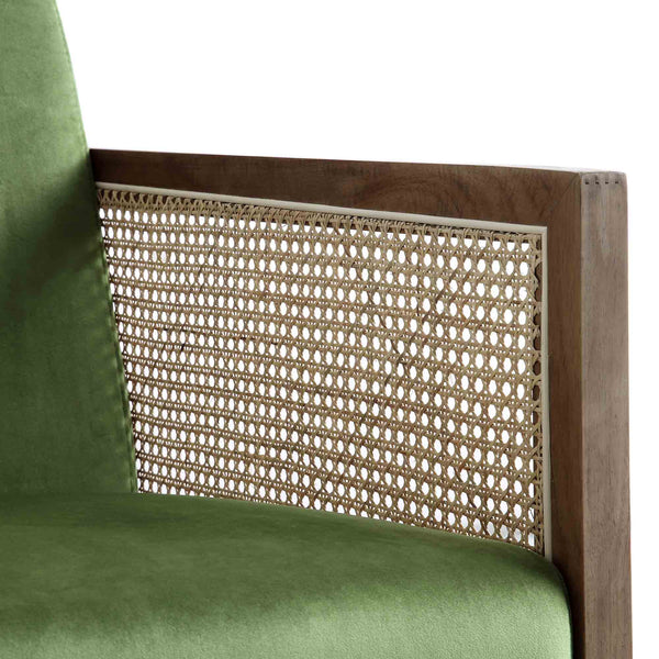Fyne Moss Green Velvet Rocking Armchair with Rattan Armrests