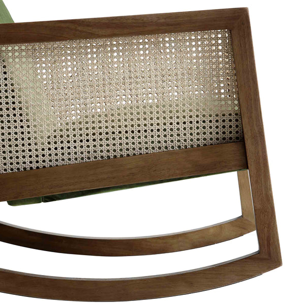 Fyne Moss Green Velvet Rocking Armchair with Rattan Armrests