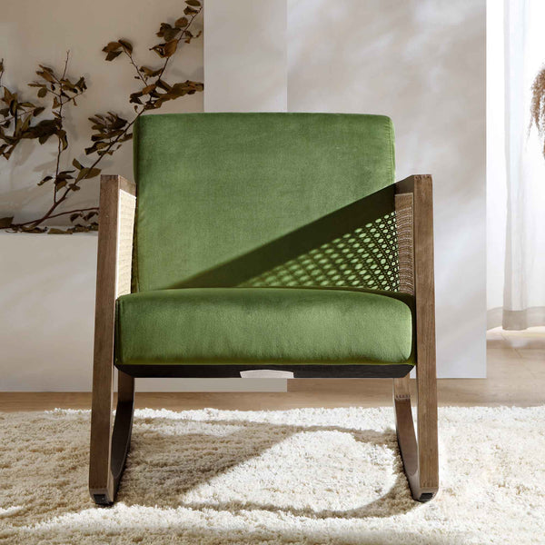 Fyne Moss Green Velvet Rocking Armchair with Rattan Armrests