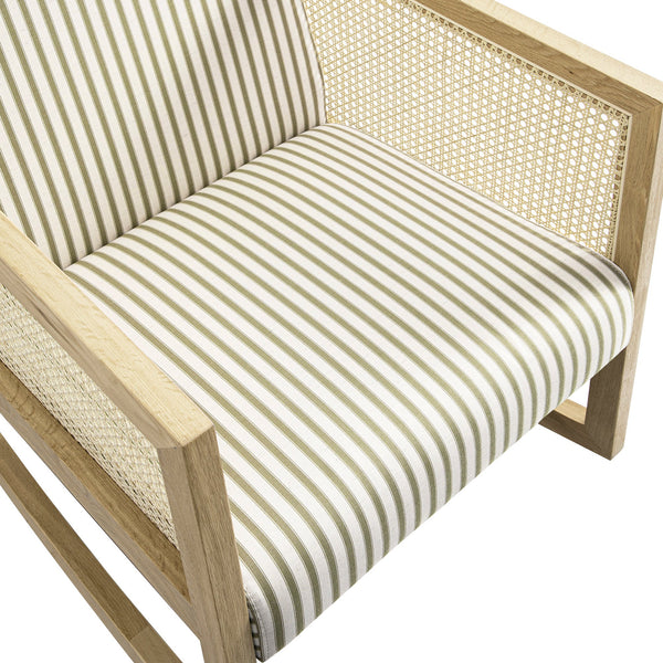 Fyne Sage Striped Linen Blend Natural Oak Armchair with Rattan Armrests