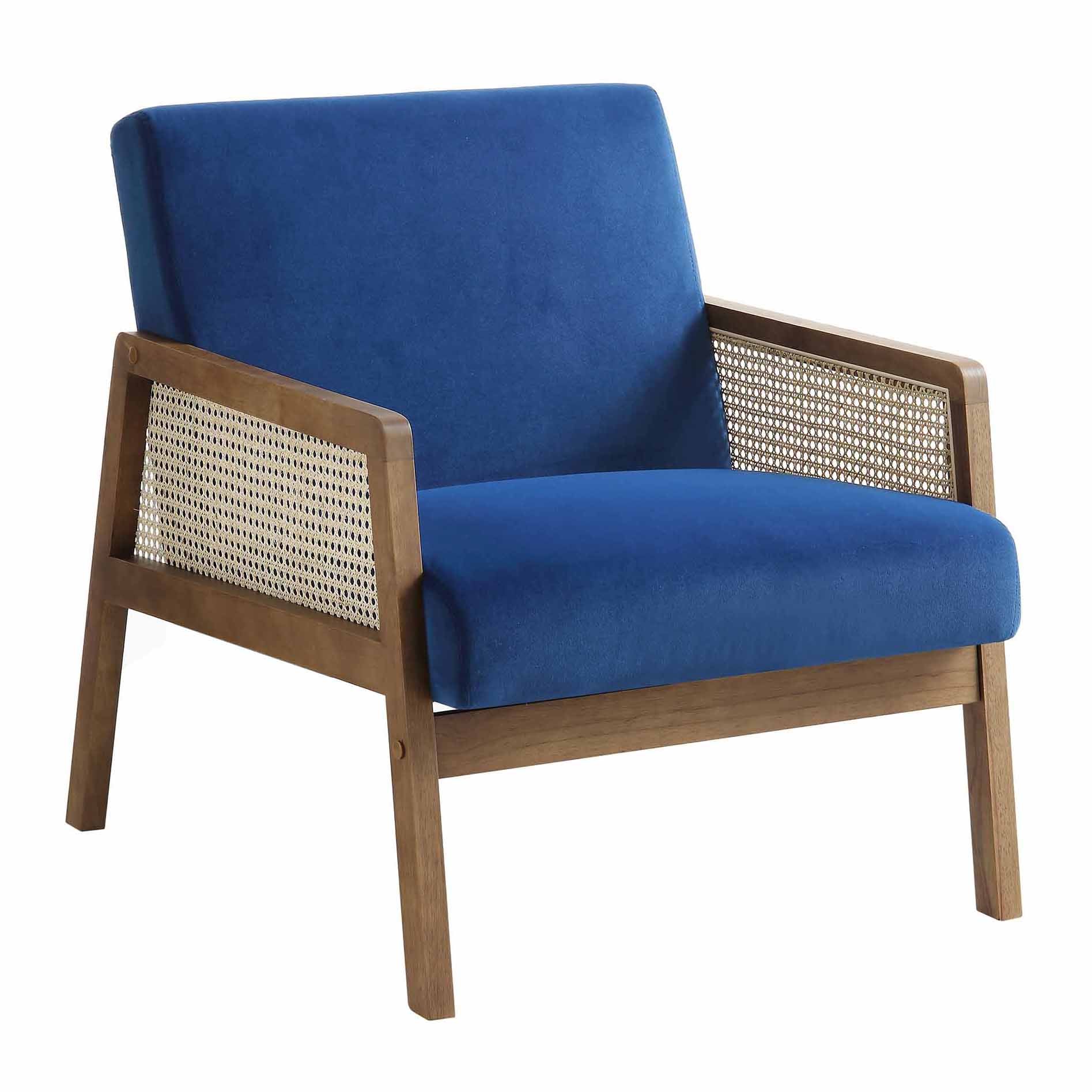 Fyne Navy Blue Velvet Walnut Frame Rattan Armchair