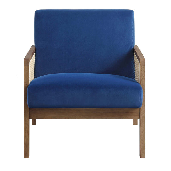 Fyne Navy Blue Velvet Walnut Frame Rattan Armchair