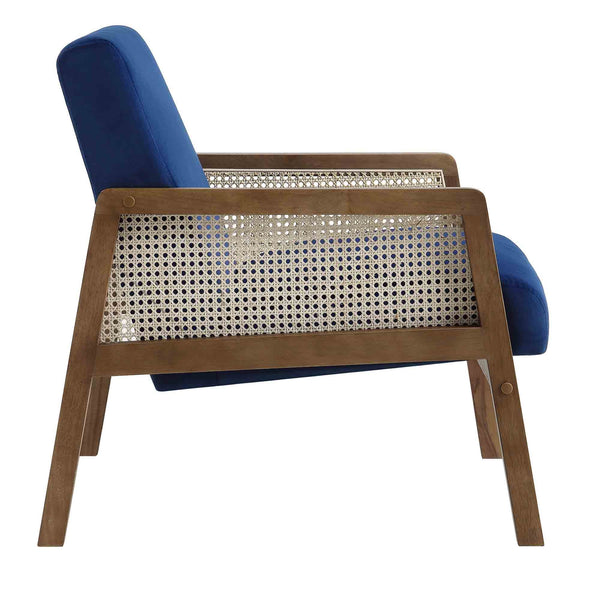 Fyne Navy Blue Velvet Walnut Frame Rattan Armchair
