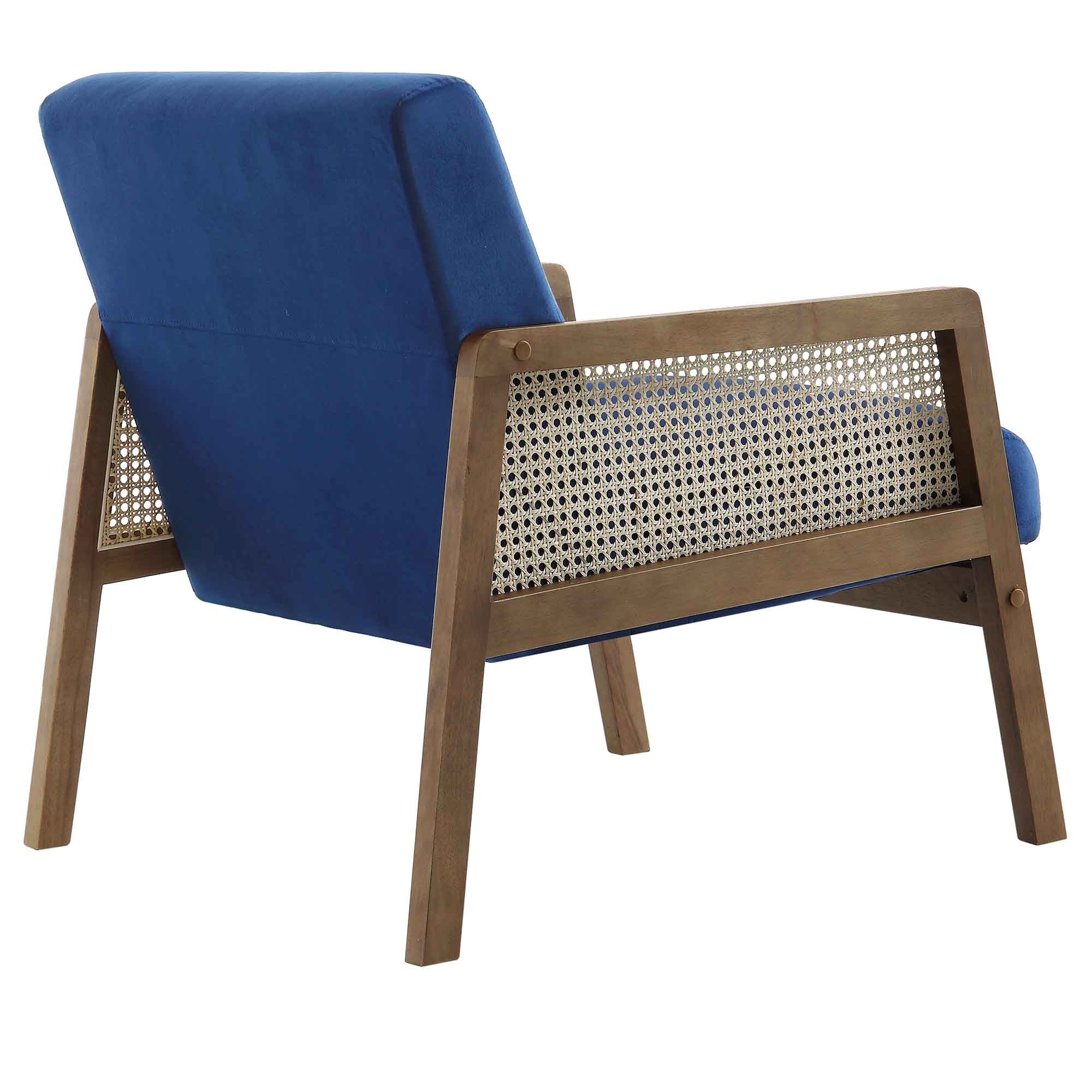 Fyne Navy Blue Velvet Walnut Frame Rattan Armchair