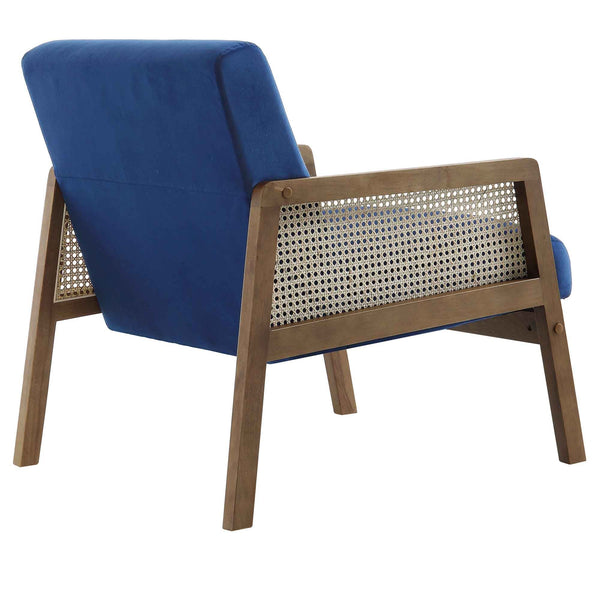 Fyne Navy Blue Velvet Walnut Frame Rattan Armchair