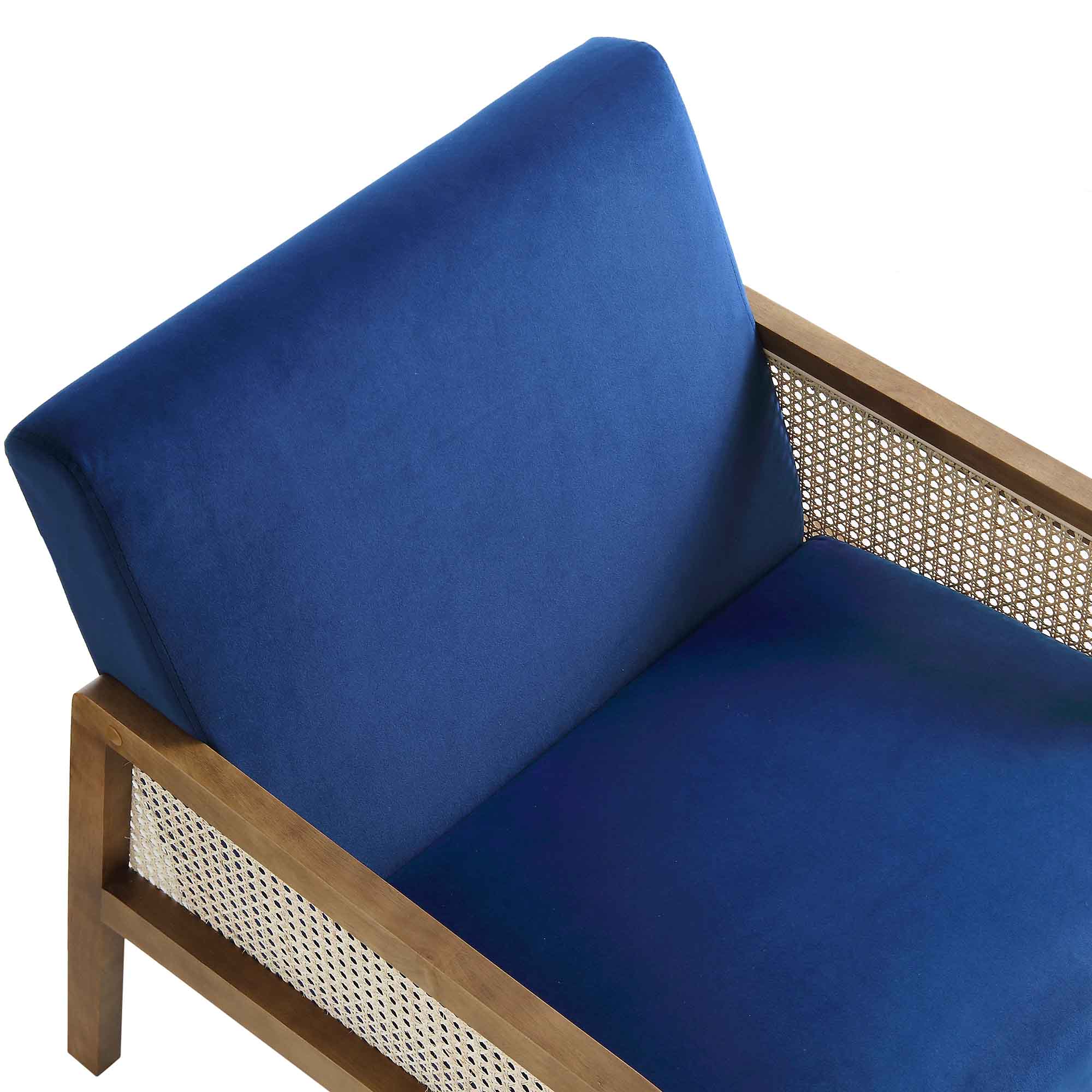 Fyne Navy Blue Velvet Walnut Frame Rattan Armchair