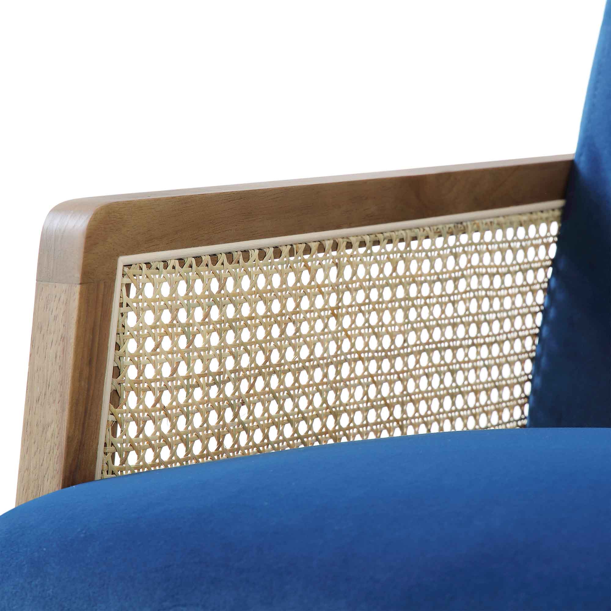 Fyne Navy Blue Velvet Walnut Frame Rattan Armchair