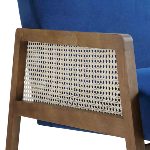 Fyne Navy Blue Velvet Walnut Frame Rattan Armchair