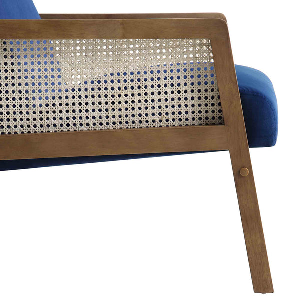 Fyne Navy Blue Velvet Walnut Frame Rattan Armchair