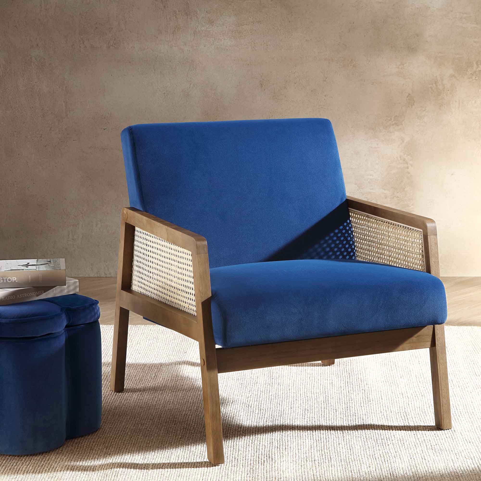 Fyne Navy Blue Velvet Walnut Frame Rattan Armchair