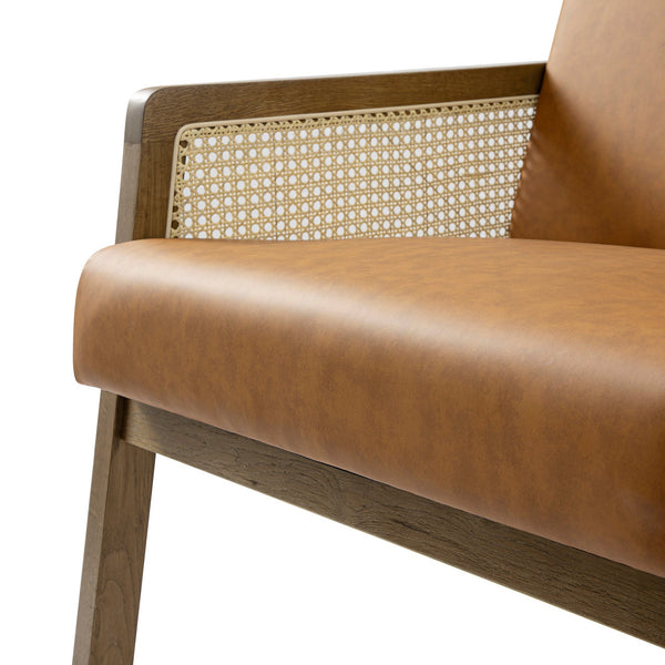Fyne Tan Faux Leather Light Walnut Frame Rattan Armchair