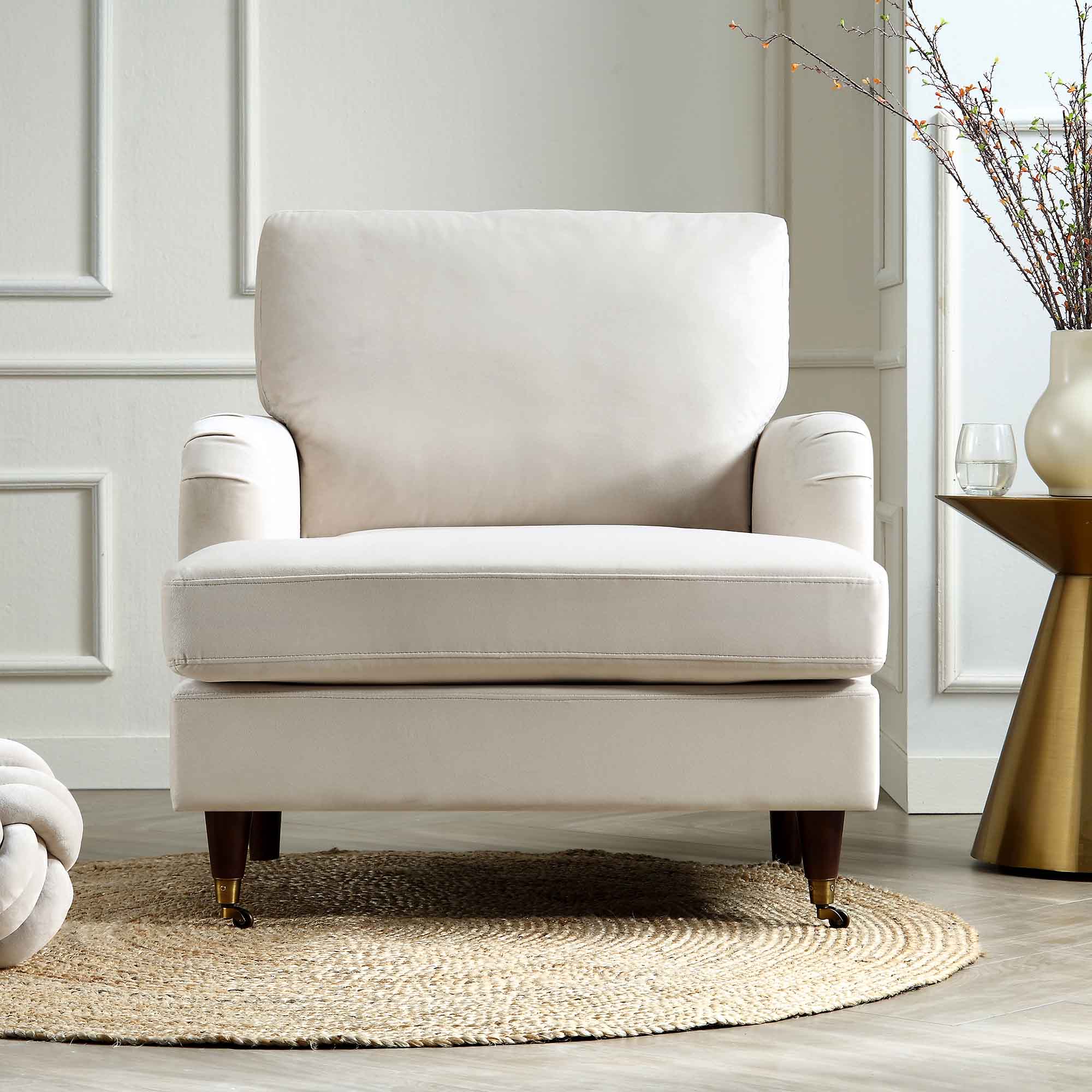 Brigette Beige Velvet Armchair with Antique Brass Castor Legs