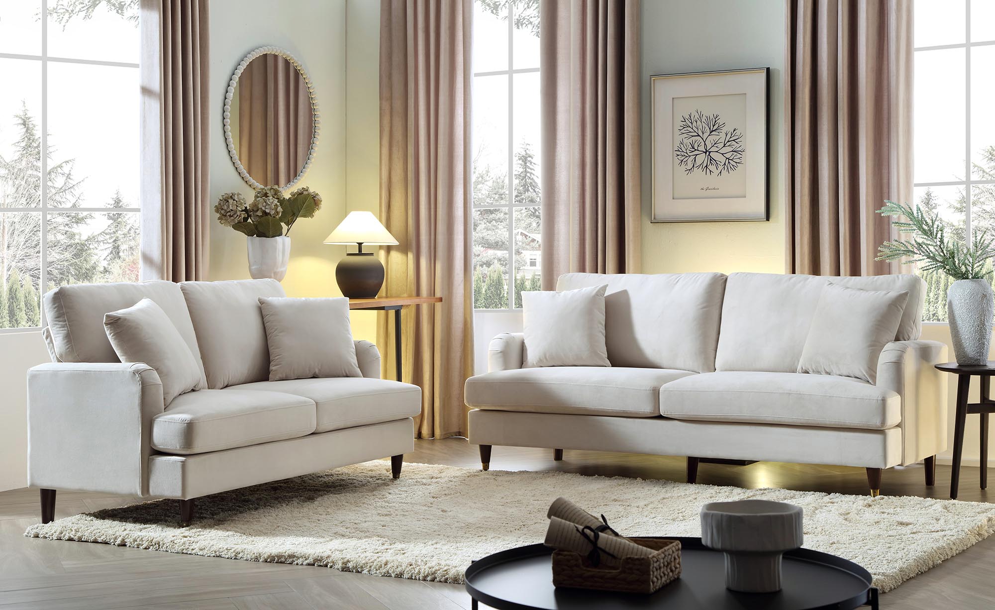 Brigette 3-Seater Beige Velvet Sofa with Antique Brass Castor Legs