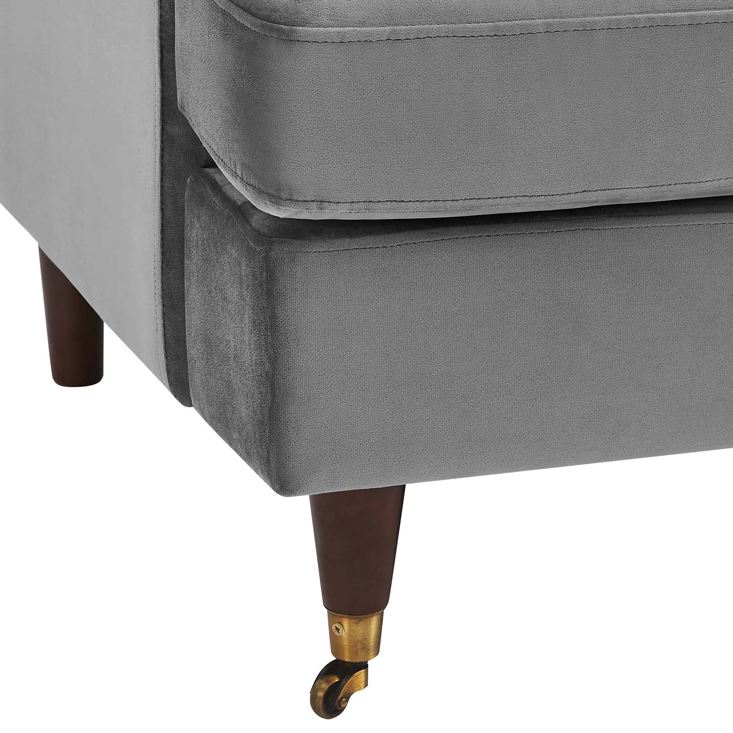 Brigette 2-Seater Grey Velvet Sofa with Antique Brass Castor Legs
