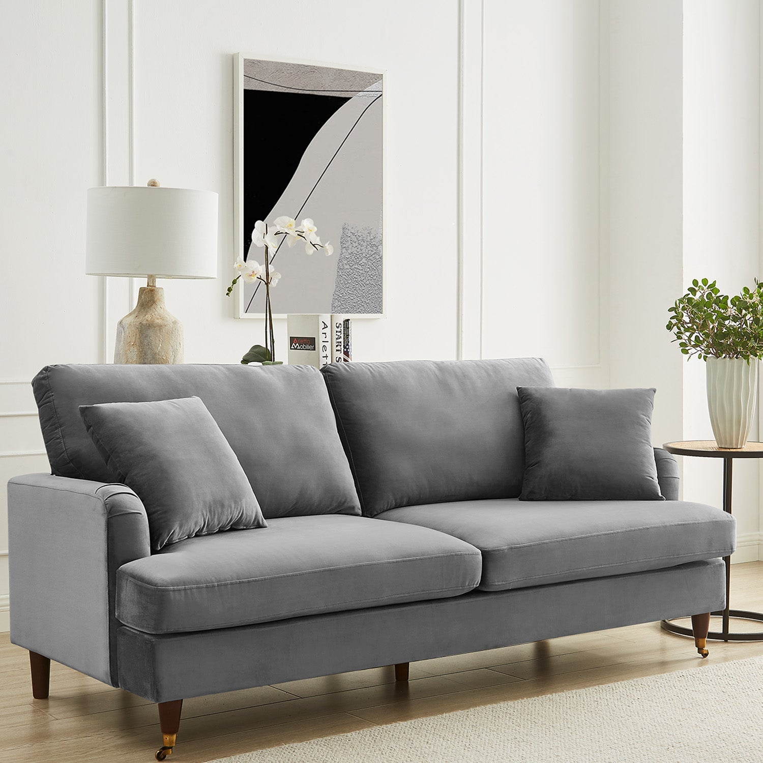 Brigette 3 Seater Grey Velvet Sofa with Antique Brass Castor Legs