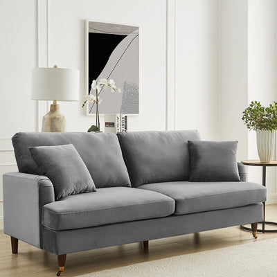 Brigette 3 Seater Grey Velvet Sofa with Antique Brass Castor Legs