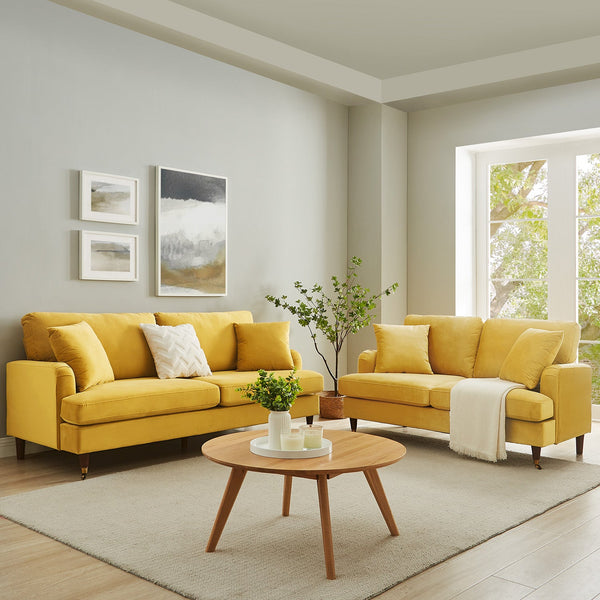Brigette 3-Seater Mustard Velvet Sofa with Antique Brass Castor Legs