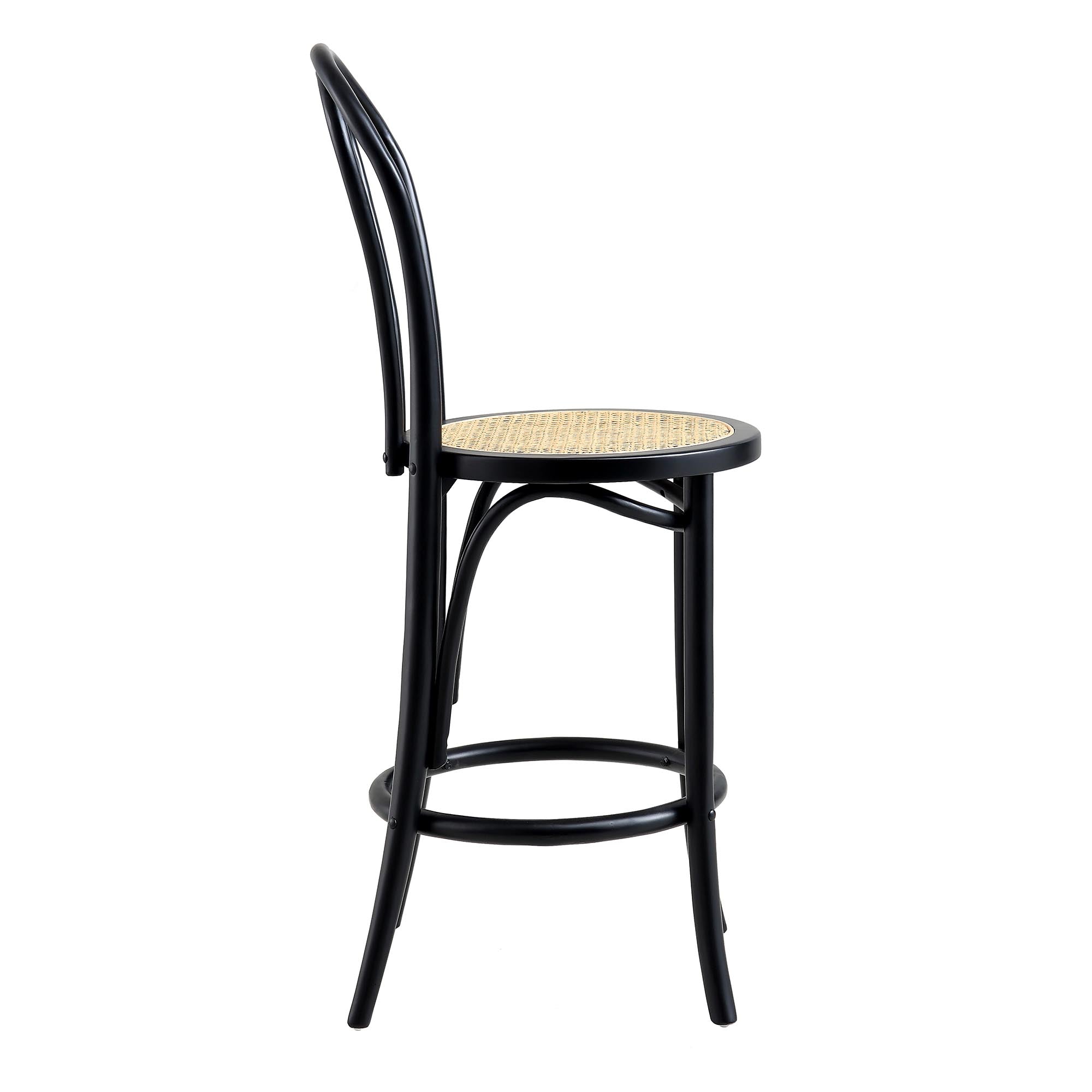 Camille Elm Wood and Rattan Bentwood Counter Stool, Black