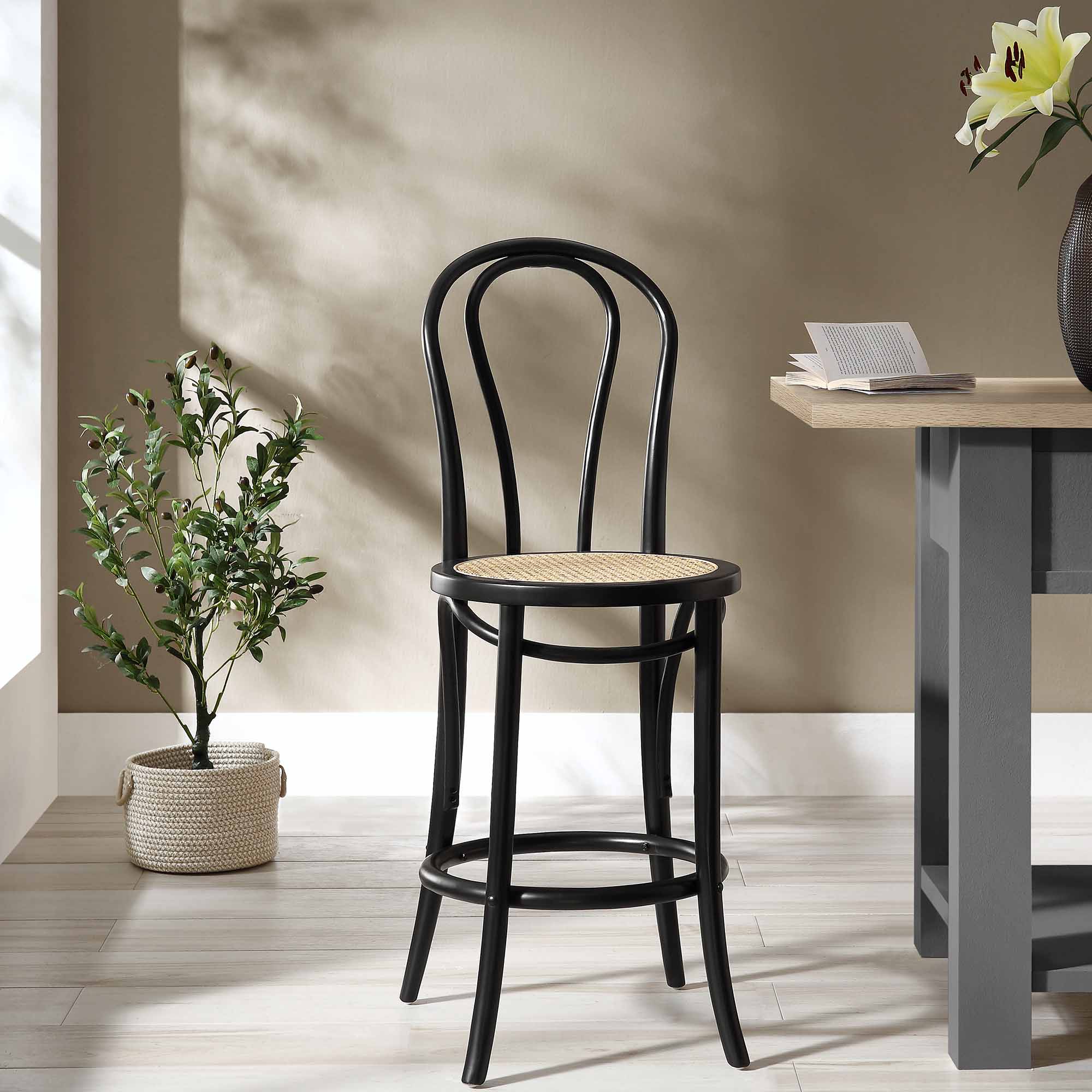 Camille Elm Wood and Rattan Bentwood Counter Stool, Black