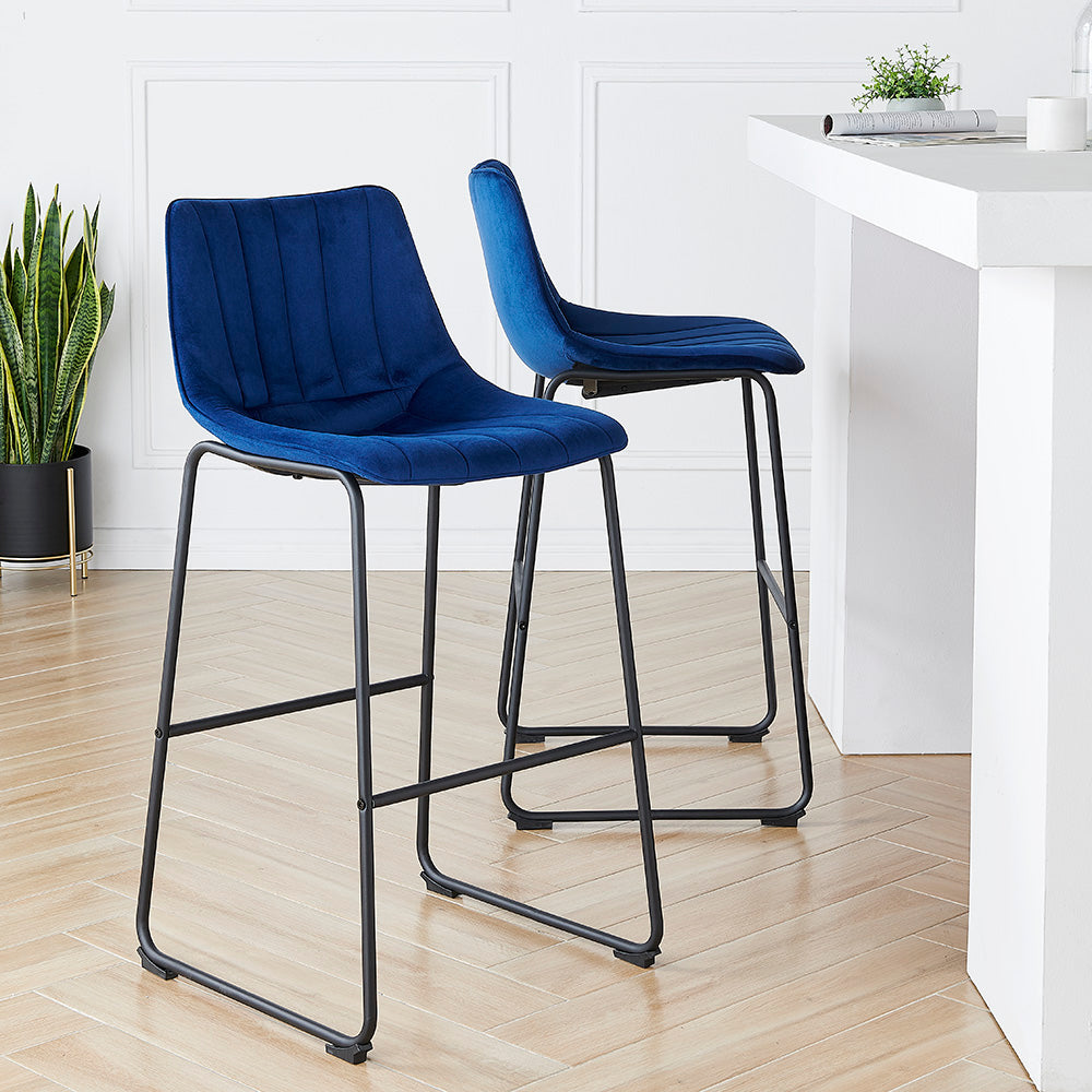Sutton Set of 2 Barstools with Fluted Back (Blue Velvet)
