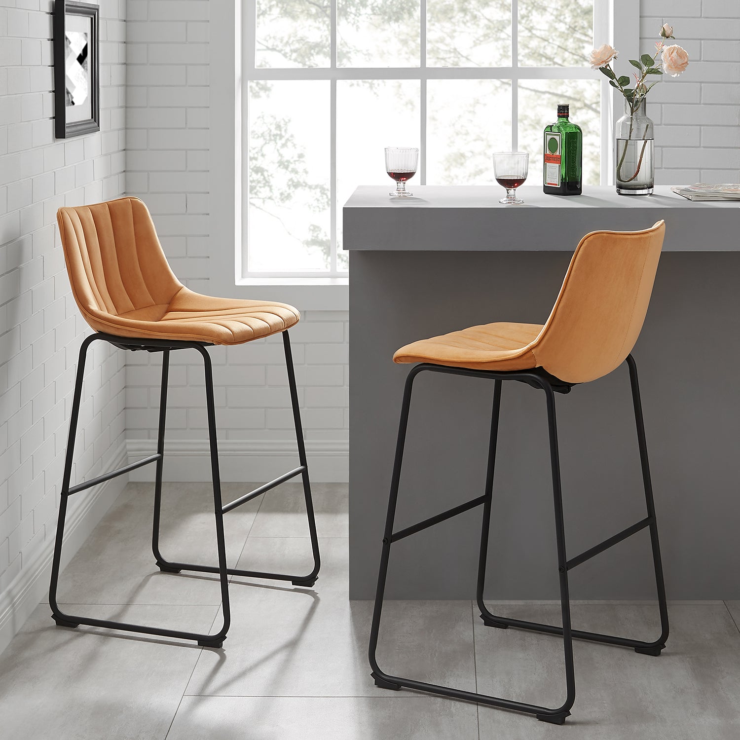 Sutton Set of 2 Barstools with Fluted Back (Mustard Velvet)