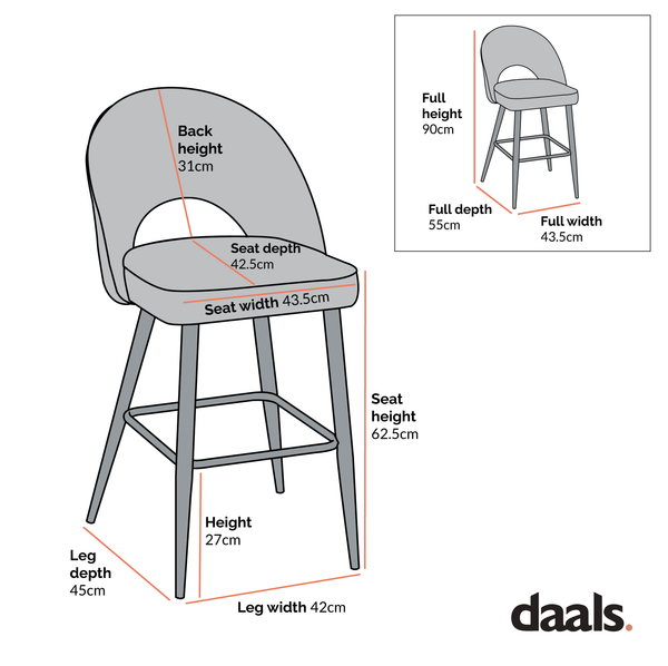Oakley Set of 2 Orange Velvet Upholstered Counter Stools with Contrast Piping