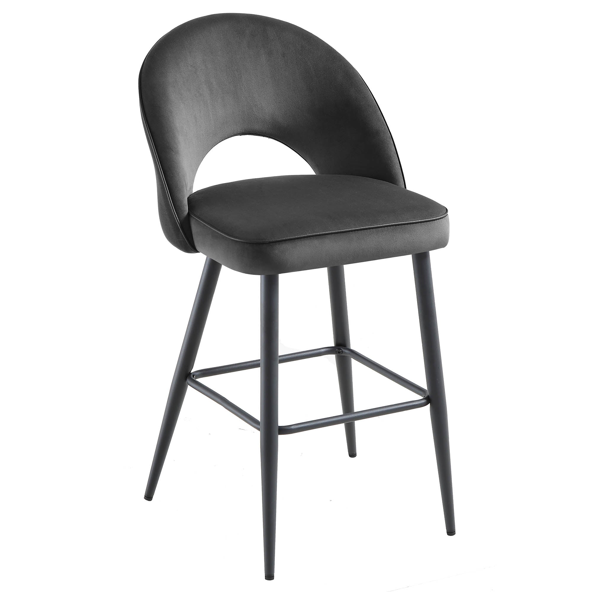 Oakley Set of 2 Dark Grey Velvet Upholstered Counter Stools with Contrast Piping