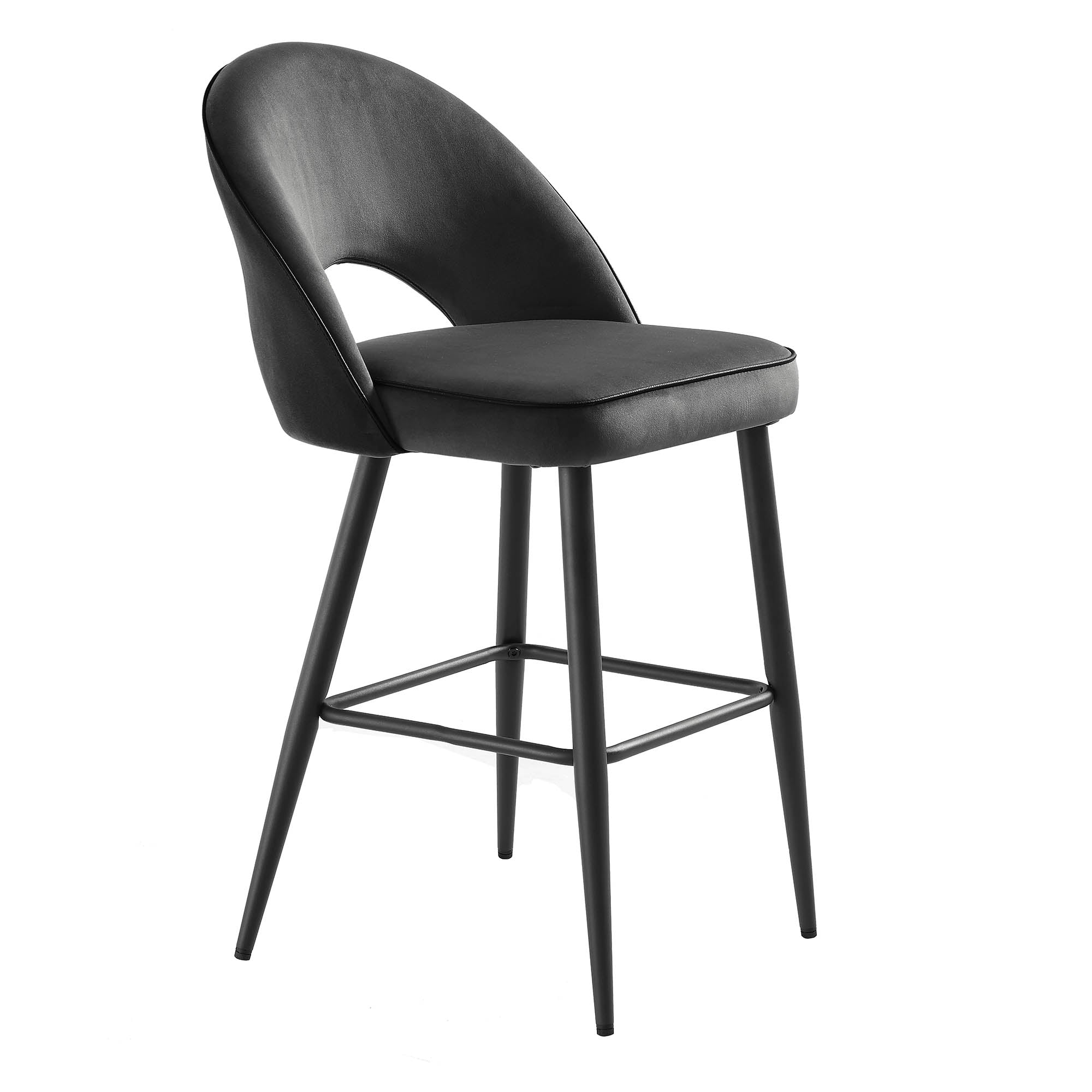 Oakley Set of 2 Dark Grey Velvet Upholstered Counter Stools with Contrast Piping