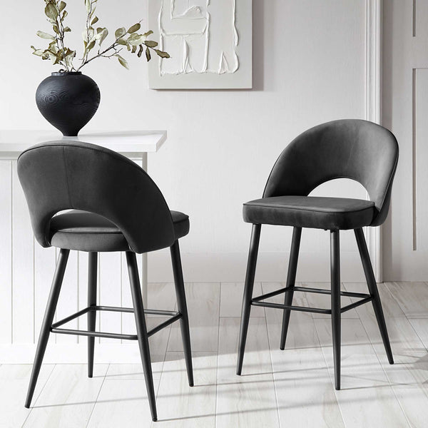 Oakley Set of 2 Dark Grey Velvet Upholstered Counter Stools with Contrast Piping