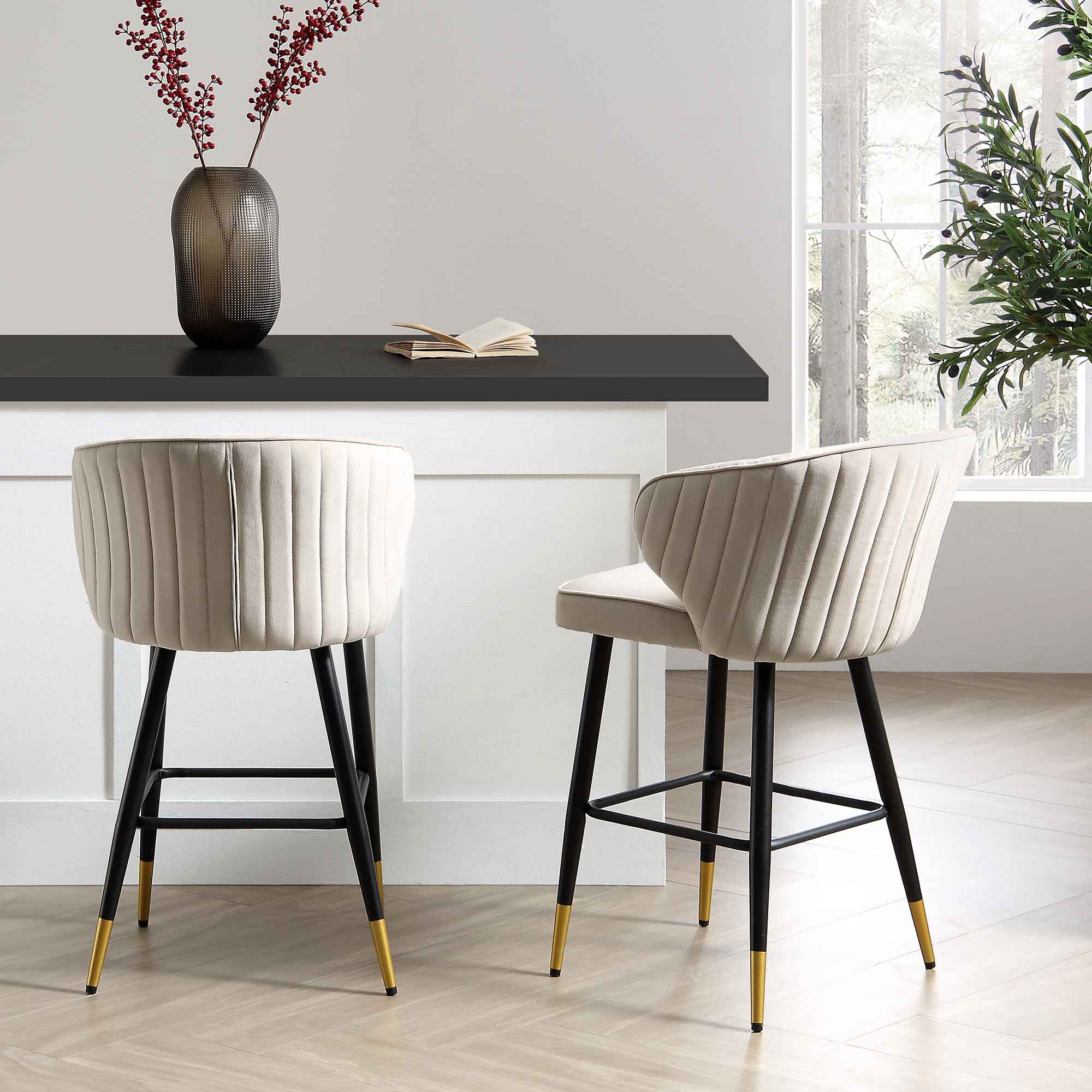 Langham Set of 2 Champagne Velvet Upholstered Carver Counter Stools
