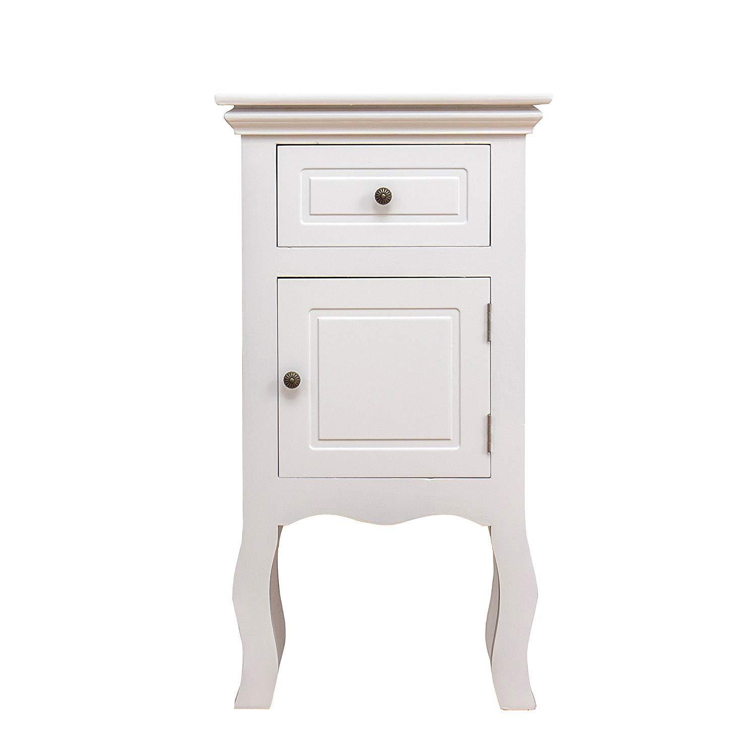 Wood White 1-Door 1-Drawer Bedside Table Nightstand Cabinet