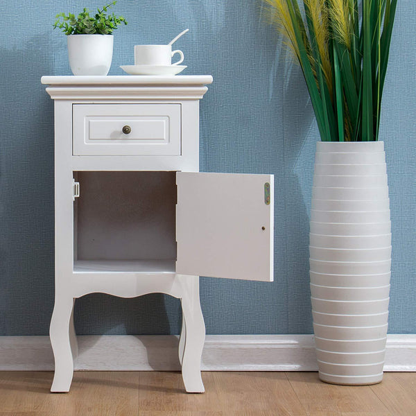 Wood White 1-Door 1-Drawer Bedside Table Nightstand Cabinet - daals