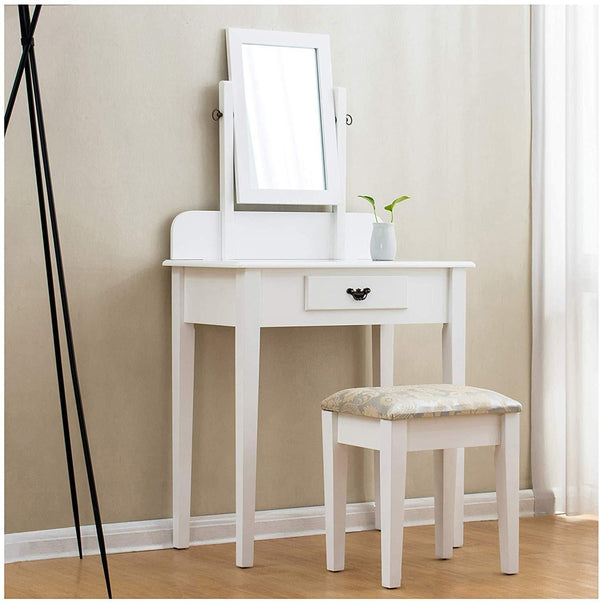 1-Drawer White Dressing Table with Stool & Single Square Mirror - daals