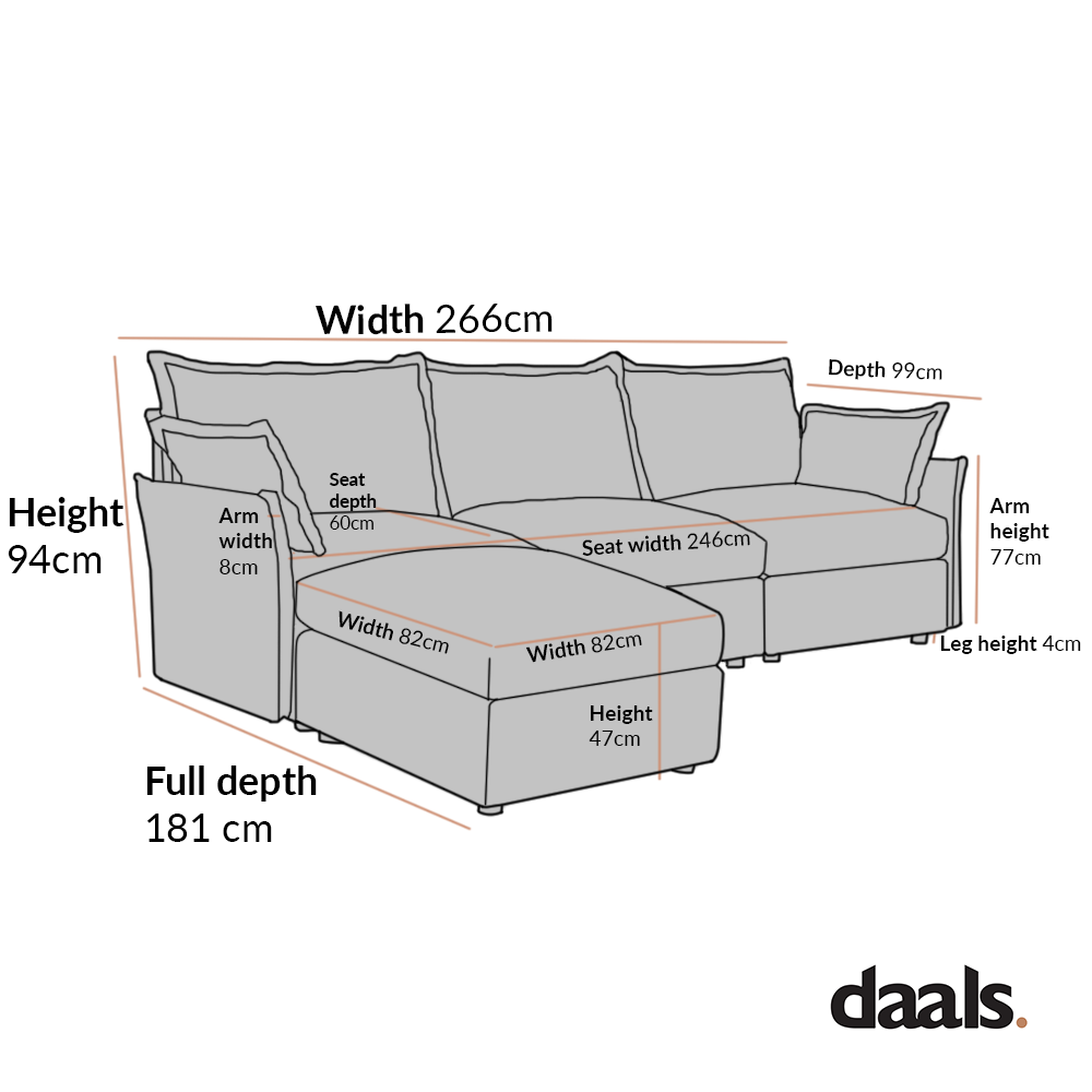 Byron Pillow Edge Beige Fabric Modular Sofa, 3-Seater Chaise