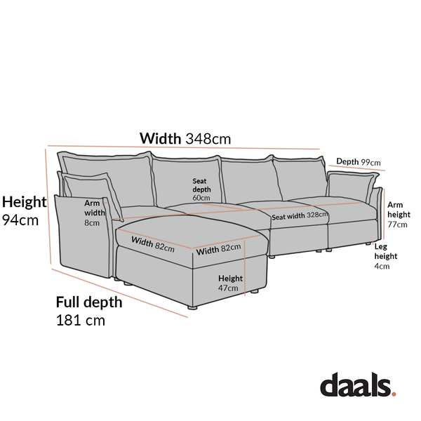 Byron Pillow Edge Beige Fabric Modular Sofa, 4-Seater Chaise