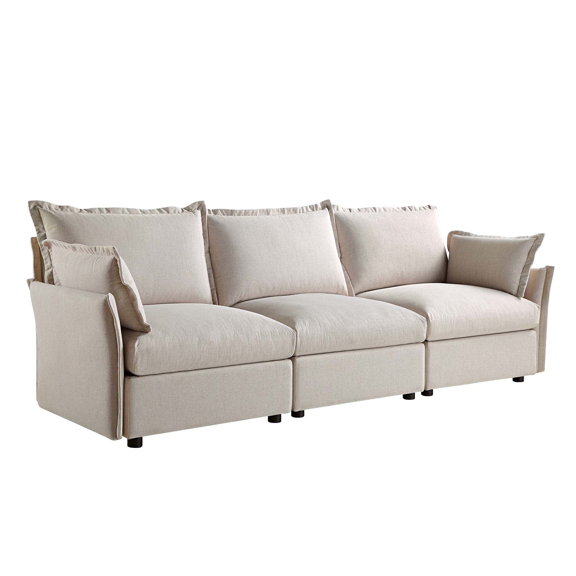 Byron Pillow Edge Beige Fabric Modular Sofa, 3-Seater