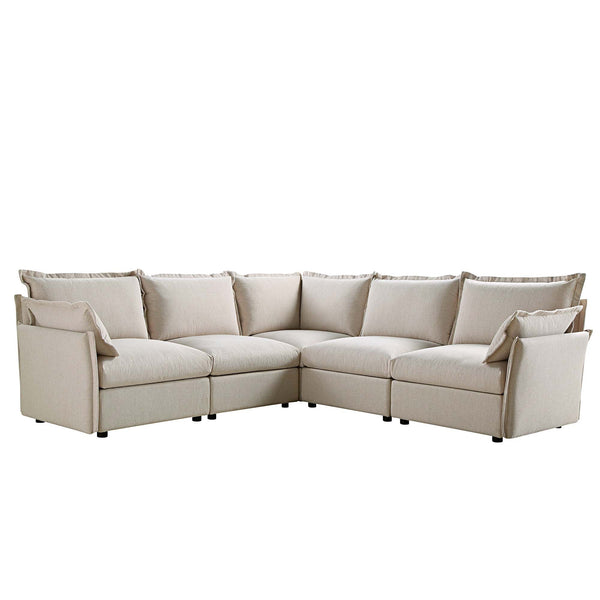 Byron Pillow Edge Beige Fabric Modular Sofa, 5-Seater Corner