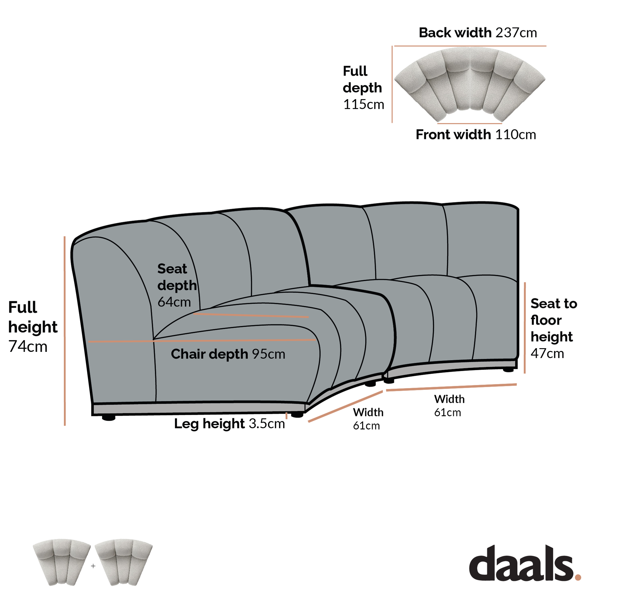 Granvia Taupe Boucle Modular Sofa, 2-Seater Curved Sofa