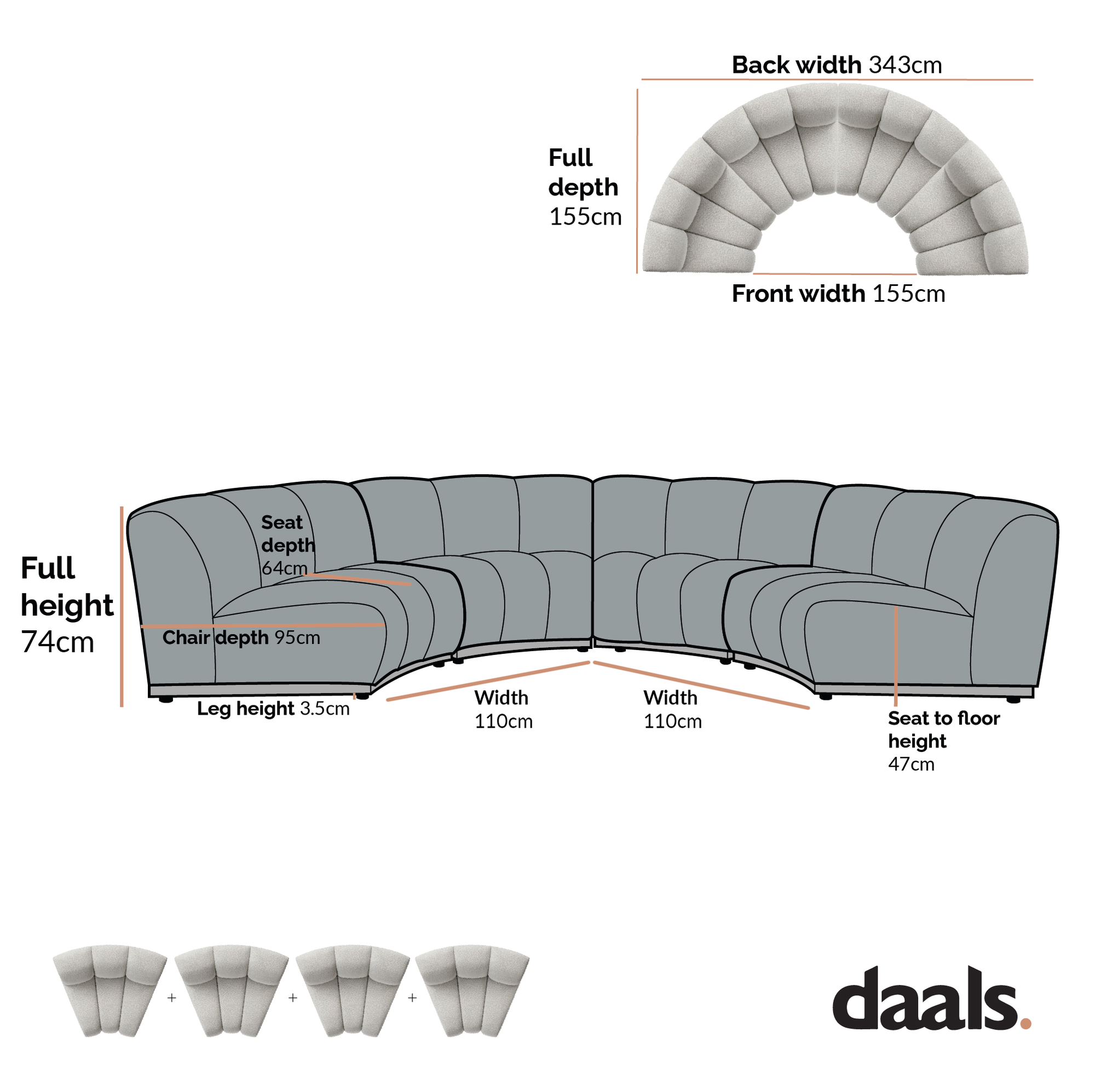 Granvia Taupe Boucle Modular Sofa, 4-Seater Half Circle Sofa