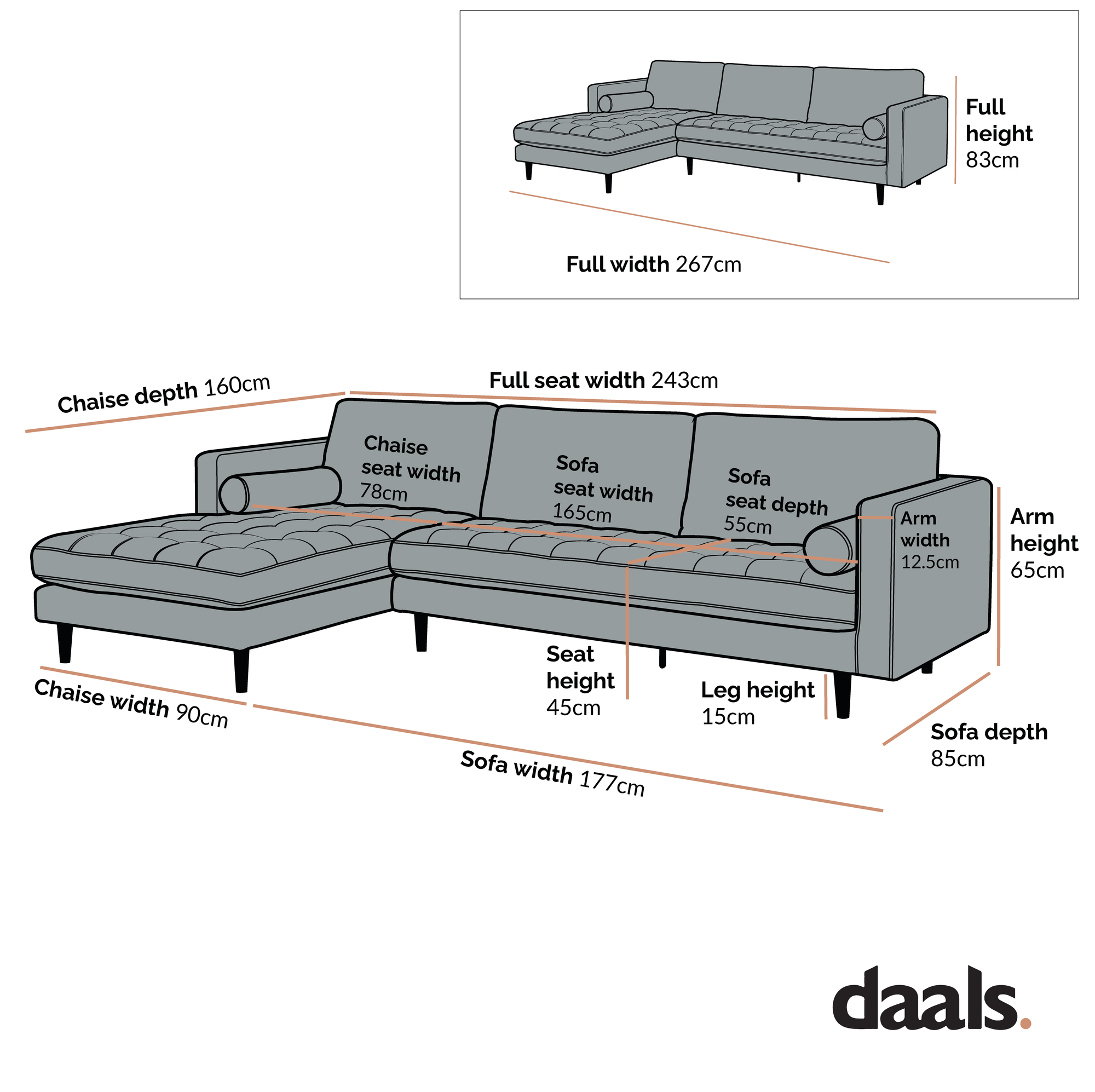 Henrietta Spiced Honey Chenille Grand 4-Seater Chaise End Sofa, Left Hand Facing