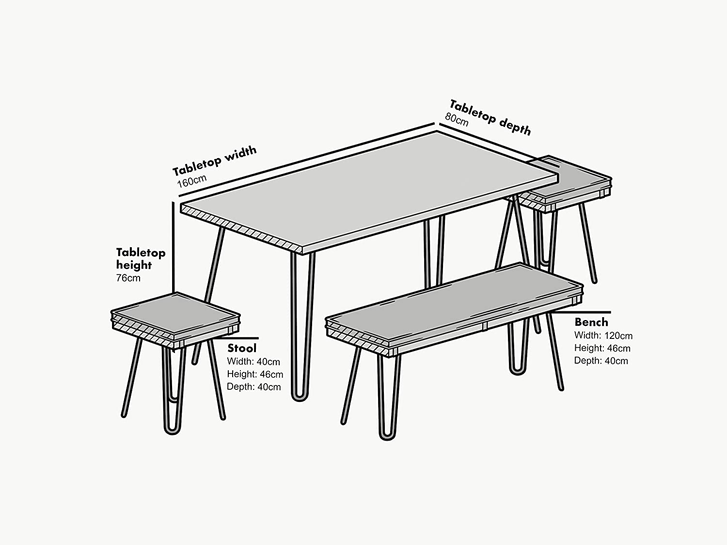 MEILEN Oak Dining Table Set with 2 Stools and 1 Dining Bench
