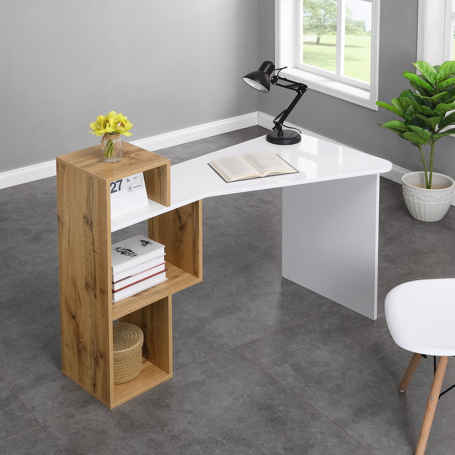 Mason White High Gloss Desk with Oak Effect Shelves