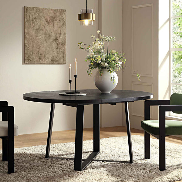 BERN Extending Round Dining Table with Metal Legs, Black